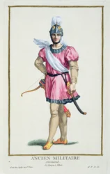 Vestido de um soldado normanda de "Coleção de gravuras, representando as fileiras e os dignitários, seguindo o figurino de todas as nações existentes", publicado em 1780 (gravura colorida à mão)